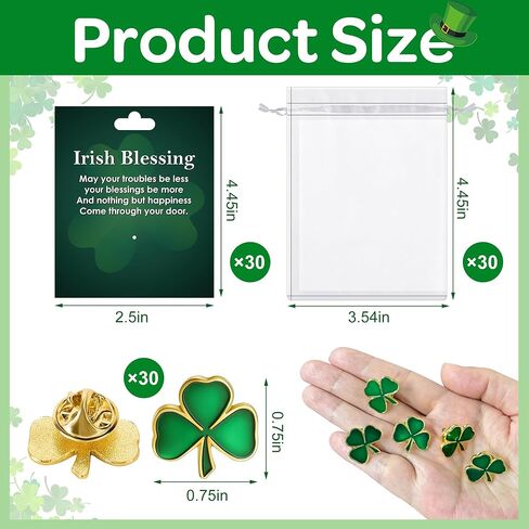 Wehhbtye 90 Pcs St. Patrick's Day Clover Pin with Blessing Cards and Organza Gift Bags, Good Luck Shamrock Lapel Pins, Irish Three Leaf Brooches for St. Patrick Party Birthday Gift Student Rewards in Saudi Arabia