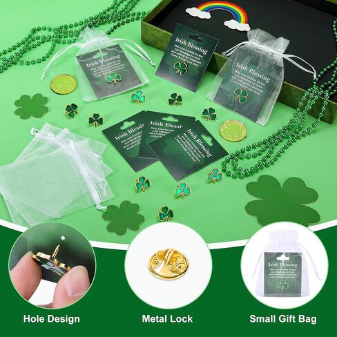 Wehhbtye 90 Pcs St. Patrick's Day Clover Pin with Blessing Cards and Organza Gift Bags, Good Luck Shamrock Lapel Pins, Irish Three Leaf Brooches for St. Patrick Party Birthday Gift Student Rewards in Saudi Arabia