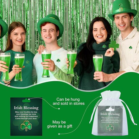 Wehhbtye 90 Pcs St. Patrick's Day Clover Pin with Blessing Cards and Organza Gift Bags, Good Luck Shamrock Lapel Pins, Irish Three Leaf Brooches for St. Patrick Party Birthday Gift Student Rewards in Saudi Arabia