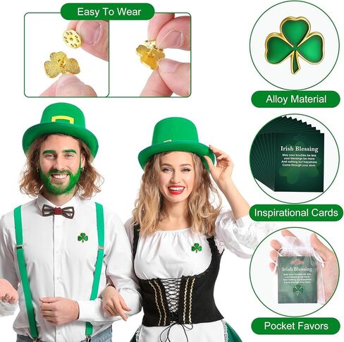 Wehhbtye 90 Pcs St. Patrick's Day Clover Pin with Blessing Cards and Organza Gift Bags, Good Luck Shamrock Lapel Pins, Irish Three Leaf Brooches for St. Patrick Party Birthday Gift Student Rewards in Saudi Arabia
