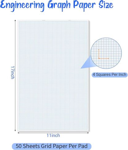 Large Graph Paper Pad, 100 GSM, 11 x 17 inches, 0.25" 4x4 Square Grid, Blueprint, High Brightness, 100 Sheets/200 Pages, 2 Pack Engineering Graph Paper Pads (4 Squares Per Inch, 50 Sheets Each Pad.) in Saudi Arabia