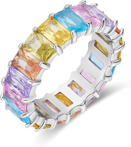 AFFY 18K الذهب الأبيض مطلي الزمرد قص متعدد الألوان AAA Created-Gemstone Eternity Ring قوس قزح, معدن, زركونيا مكعب in Saudi Arabia