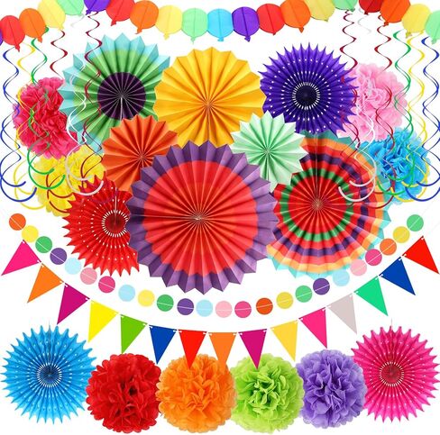 BestoFun 33 قطعة من مروحة ورق العيد لتزيين الحفلات سينكو دي مايو ديكورات متعددة الألوان مراوح ورقية أكاليل بوم بومس راية دوامات معلقة لأعياد الميلاد وحفلات الزفاف وحفلات قوس قزح المكسيكية in Saudi Arabia