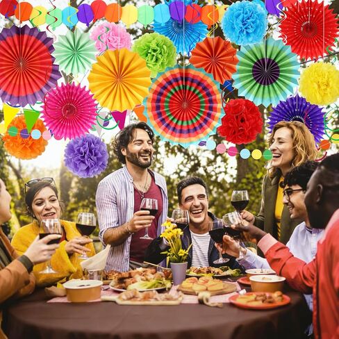 BestoFun 33 قطعة من مروحة ورق العيد لتزيين الحفلات سينكو دي مايو ديكورات متعددة الألوان مراوح ورقية أكاليل بوم بومس راية دوامات معلقة لأعياد الميلاد وحفلات الزفاف وحفلات قوس قزح المكسيكية in Saudi Arabia