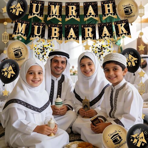 لافتة حفلات ديكورات عمرة مبارك - إكليل بالونات عيد مبارك ذهبي أسود وغطاء للكيك، لوازم ديكور المهرجانات الإسلامية للحج مبارك رمضان in Kuwait