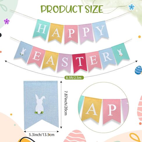 Tatuo 2pcs Happy Easter Banner Burlap Easter Bunting Garland Decorations Rabbit Colorful Burlap Garland for Fireplace Home Office Indoor Outdoor Spring Themed Party Favors Supplies in Saudi Arabia