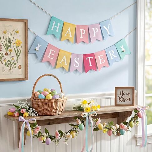 Tatuo 2pcs Happy Easter Banner Burlap Easter Bunting Garland Decorations Rabbit Colorful Burlap Garland for Fireplace Home Office Indoor Outdoor Spring Themed Party Favors Supplies in Saudi Arabia