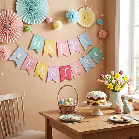 Tatuo 2pcs Happy Easter Banner Burlap Easter Bunting Garland Decorations Rabbit Colorful Burlap Garland for Fireplace Home Office Indoor Outdoor Spring Themed Party Favors Supplies in Saudi Arabia