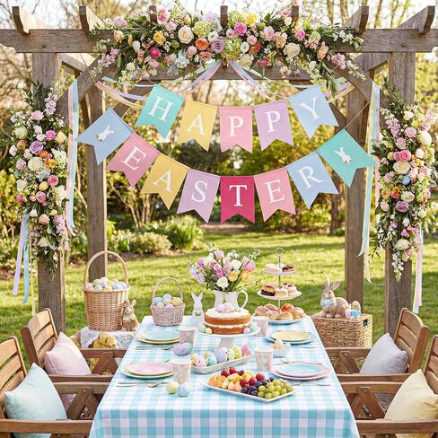 Tatuo 2pcs Happy Easter Banner Burlap Easter Bunting Garland Decorations Rabbit Colorful Burlap Garland for Fireplace Home Office Indoor Outdoor Spring Themed Party Favors Supplies in Saudi Arabia