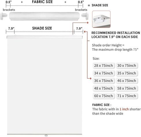 Joydeco Blackout Cordless Roller Shade ستائر صغيرة من القماش الأبيض وظلال للنوافذ مقاس 28 بوصة لتعتيم المنزل على نطاق واسع (28x75) in Kuwait
