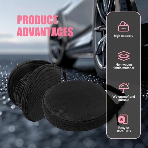 Car CD Case, Oxford Waterproof Disc Storage Binder with Transparent Film Divider, 20 Capacity Portable Round Disc Case, Universal DVD Organizer for Cars (Black) in Saudi Arabia