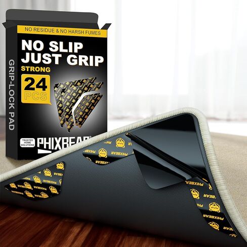 Rug Tape 24 Pcs, Strong Hold Anti-Slip Pads, No-Glue Silicone Bottom, Washable & Reusable, Low-Odor, Pre-Cut Corner Triangles & Edge Strips, Keeps Rug Corners/Edges Flat on Hardwood & Tile in Saudi Arabia