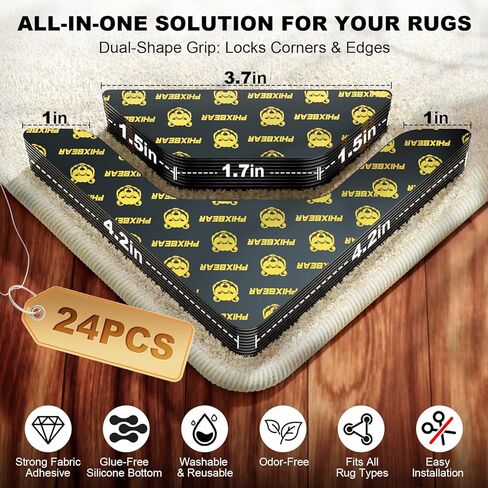 Rug Tape 24 Pcs, Strong Hold Anti-Slip Pads, No-Glue Silicone Bottom, Washable & Reusable, Low-Odor, Pre-Cut Corner Triangles & Edge Strips, Keeps Rug Corners/Edges Flat on Hardwood & Tile in Saudi Arabia
