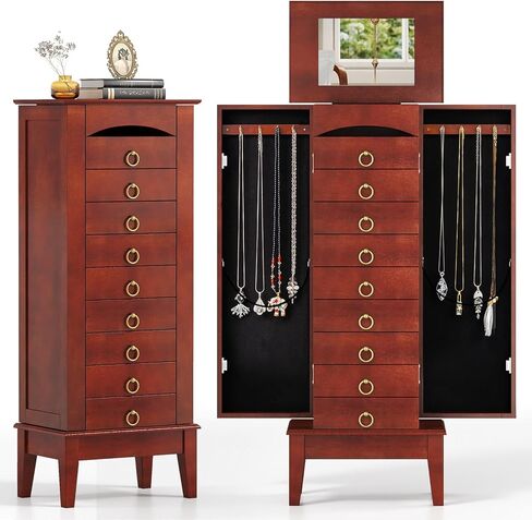 Giantex Standing Jewelry Cabinet with 9 Drawers, Flip Top Mirror, 2 Side Doors with Necklace Hooks, Top Divided Tray with Ring Slots, Velvet-Lined Jewelry Armoire Organizer Storage Chest, Cherry in Saudi Arabia