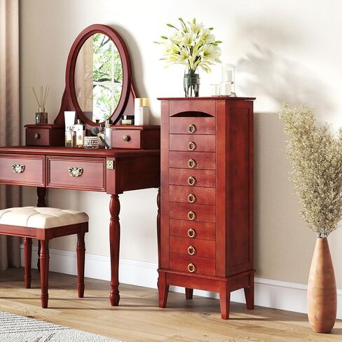 Giantex Standing Jewelry Cabinet with 9 Drawers, Flip Top Mirror, 2 Side Doors with Necklace Hooks, Top Divided Tray with Ring Slots, Velvet-Lined Jewelry Armoire Organizer Storage Chest, Cherry in Saudi Arabia