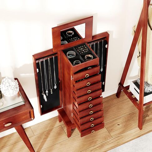 Giantex Standing Jewelry Cabinet with 9 Drawers, Flip Top Mirror, 2 Side Doors with Necklace Hooks, Top Divided Tray with Ring Slots, Velvet-Lined Jewelry Armoire Organizer Storage Chest, Cherry in Saudi Arabia