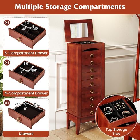 Giantex Standing Jewelry Cabinet with 9 Drawers, Flip Top Mirror, 2 Side Doors with Necklace Hooks, Top Divided Tray with Ring Slots, Velvet-Lined Jewelry Armoire Organizer Storage Chest, Cherry in Saudi Arabia