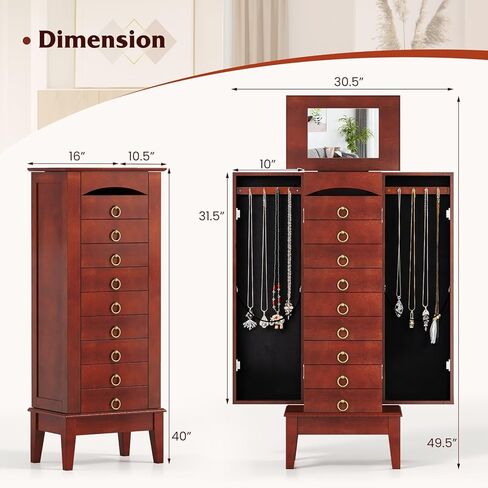 Giantex Standing Jewelry Cabinet with 9 Drawers, Flip Top Mirror, 2 Side Doors with Necklace Hooks, Top Divided Tray with Ring Slots, Velvet-Lined Jewelry Armoire Organizer Storage Chest, Cherry in Saudi Arabia