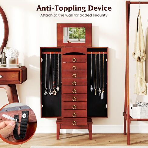 Giantex Standing Jewelry Cabinet with 9 Drawers, Flip Top Mirror, 2 Side Doors with Necklace Hooks, Top Divided Tray with Ring Slots, Velvet-Lined Jewelry Armoire Organizer Storage Chest, Cherry in Saudi Arabia