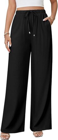 السراويل الكتان للنساء السراويل بالازو فلوي فضفاضة بوهو عالية الخصر عادية واسعة الساق بنطلون الصيف عطلة الشاطئ وتتسابق in Kuwait