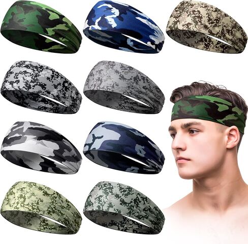 9 pcs Sweatbands for Men Workout Sport Headbands for Men Camo Headband Sweat Absorbing Headband Wide Sweatband for Head Basketball Football Cycling Running Yoga, 4.7 x 9.8 Inch(Mixed Style) in Saudi Arabia