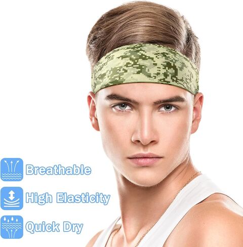 9 pcs Sweatbands for Men Workout Sport Headbands for Men Camo Headband Sweat Absorbing Headband Wide Sweatband for Head Basketball Football Cycling Running Yoga, 4.7 x 9.8 Inch(Mixed Style) in Saudi Arabia
