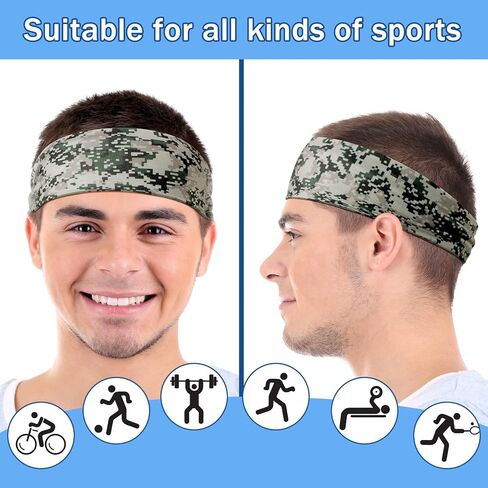 9 pcs Sweatbands for Men Workout Sport Headbands for Men Camo Headband Sweat Absorbing Headband Wide Sweatband for Head Basketball Football Cycling Running Yoga, 4.7 x 9.8 Inch(Mixed Style) in Saudi Arabia