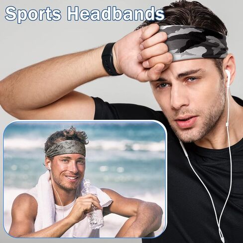 9 pcs Sweatbands for Men Workout Sport Headbands for Men Camo Headband Sweat Absorbing Headband Wide Sweatband for Head Basketball Football Cycling Running Yoga, 4.7 x 9.8 Inch(Mixed Style) in Saudi Arabia
