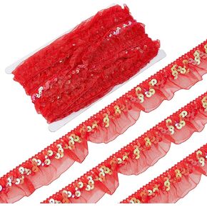 GORGECRAFT 13Yds Lime Green Organza Sequin Lace Gathered Mesh Stretch Pleated Lace Fabric Trim 1-1/8" Ruffled Floral Elastic Fringe Applique for Sewing Gift Package Wrapping Dress Cloth Crafts