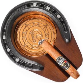 Wooden Cigar Ashtrays Handmade Horseshoe Design Cigar Accessories with 1 Cigar Slot Portable Travel Cigar Gifts for Men Indoor Outdoor Patio Home Office Use (Brown)