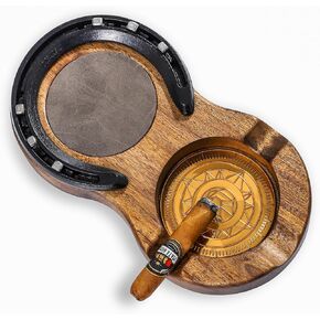 LINOVINO خشبية السيجار منفضة سجائر كوستر علبة زجاج ويسكي وإكسسوارات السيجار بتصميم حدوة الحصان اليدوية مع 3 فتحات سيجار هدايا سيجار رائعة للرجال في الأماكن المغلقة والخارجية واستخدام المكتب المنزلي (رمادي) in Kuwait