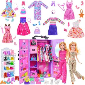 Ecore Fun 86 Pcs Doll Accessories with Doll Closet Wardrobe for 11.5 Inch Doll Dress Up Set Including Wardrobe Handbags Dress Shoes Hangers Necklace Pet and Other Accessories (No Doll)…