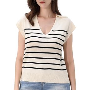 CosySun Women Cap Sleeve Top - Summer Lapel Ribbed Striped Knitwear : V-Neck Sleeveless Vest Pullover Tank Sweater