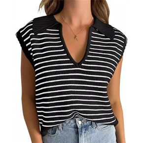 HOULENGS Women's Casual Sleeveless Striped Pullover Sweaters V Neck Lapel Sweater Vests 2024 Spring Clothes