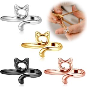 Amaxiu 4 Pieces Crochet Tension Rings, Cat Pattern Adjustable Yarn Ring Knitting Loop Open Finger Ring Guide Finger Holder Thimble Weaving Knit Regulator for Mother Grandma Yarn Guide Crochet Accessor