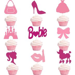 36 قطعة من أغطية الكب كيك لعيد ميلاد سعيد للفتيات باللون الوردي الساخن، فستان وردي لامع للأميرة بكعب عالٍ وقوس أحمر الشفاه على شكل تاج لتزيين الكب كيك وحفلات استقبال المولود الجديد للنساء والفتيات in Kuwait