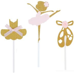 24 Pack of Glitter Gold Ballerina Ballet Slippers Tutu Dress Girls Skirt Cupcake Toppers for Birthday Party Baby Shower Wedding Party Decoration