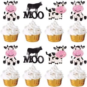 24pcs Milk Cow Party Happy Birthday Glitter Cupcake Toppers,Farm Animal Theme Party Decoration,Kids Birthday Baby Shower Favor Supplies