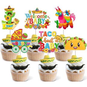 JOYMEMO 36 Pcs Taco Bout a Baby Cupcake Toppers - Mexican Fiesta Baby Shower Decorations, Double Sided Paper Taco Bout a Baby Cake Decor for Pregnancy Celebration Newborn Party