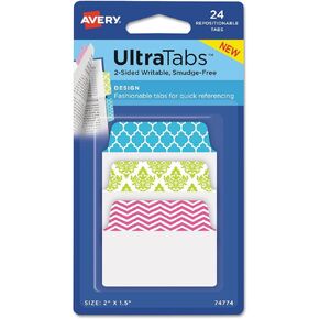 Avery 74774 Ultra Tabs Repositionable Tabs, 2 x 1 1/2, Patterns: Blue, Green, Pink, 24/Pack