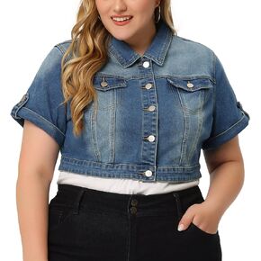 Agnes Orinda Short Sleeve Denim Jackets for Women Plus Size Button Washed Cropped Jean Jacket