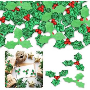 Christmas Holly and Berry Christmas Embellishments, 100 PCS Mini Craft Berry Greens Leaf Sequins, for Christmas Wreath Arrangement DIY Craft for Christmas Ornament for Christmas Card Gift Tags
