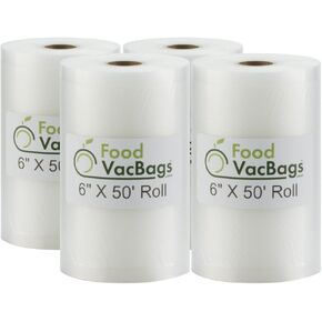 Four 6" X 50' Rolls of FoodVacBags Commercial Grade Vacuum Sealer Bags, FoodSaver Compatible, Sous Vide Cooking Storage Pouches