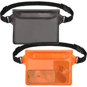 jealkip 2-Pack Waterproof Pouch with Adjustable Waist Strap, Waterproof Dry Bag, Keeps Cell Phones and Valuables Safe and Dry, Perfect for Kayaking, Beach, Camping and Swimming (Black + Orange)