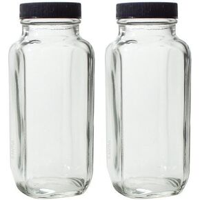 JUVITUS 8 oz Clear Thick Plated Glass French Square Bottle Jar with Lid (2 Pack) Perfect for Home, Travel, Juicing, Kombucha
