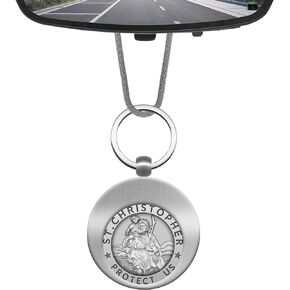 St Christopher Hanging Ornament Car Rearview Mirror Saint Christopher Charms Medal Pendant Bless Driving Safety Gift with Detachable Religious Coin Keychain Storage (Antique Silver)