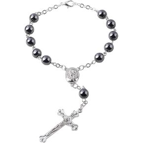 Luomu Hematite Beads Auto Rosary, Car Rosary One Decade Catholic Rosary with Clasp, with Terra Jerusalem Medal Centerpiece and Crucifix Medal Hang on Mirror Rearview (Black)