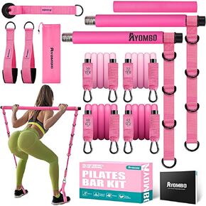 Pilates Bar Kit with Resistance Bands, Pilates Workout Equipment for Legs, Hip, Waist, Arm, Squats Exercise Equipment for Home Workouts, Adjustable 3-Section Pilates Bar Kit for Women & Men