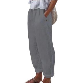 Womens Linen Pants with Pockets Loose Elastic High Waisted Comfy Beach Trousers Summer Lightweight Embroidered Casual Pants