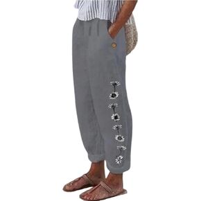 Womens Linen Pants with Pockets Loose Elastic High Waisted Comfy Beach Trousers Summer Lightweight Embroidered Casual Pants